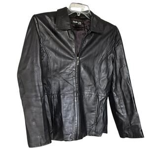 Style & Co soft black leather peplum jacket women’s M Petite. ZIP front